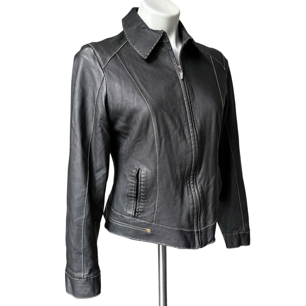 CABI Black Leather Jacket With Contrast Top Stitching (runs very small) - Picture 4 of 15